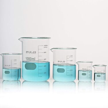 ULAB Scientific Beaker Set with Magnetic Stirrer Rod Offer, 5 Sizes: 50 ml, 100 ml, 250 ml, 500 ml, 1000 ml, 3.3 Boro Griffin Low Form with Printed Graduations, UBG1002
