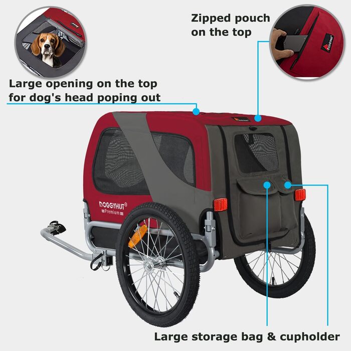 DOGGYHUT® Преміум велосипедний причіп для собак середнього розміру до 23 кг, складний (червоний)