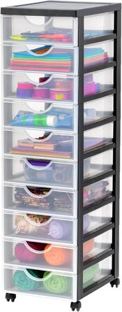 Iris Ohyama Plastic Drawer Box with Wheels, 10 Flat Drawers, Black, Pull Handles, For Bedroom, School & Office, BPA-Free, Drawer Cabinet, Rolling Container, A4 Drawer, DDDC-010