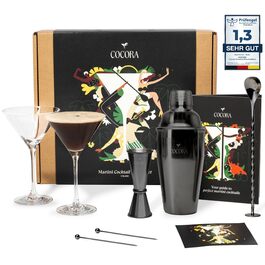 Коктейльний набір Cocora Martini-Set 8 предметів з нержавіючої сталі: шейкер, келихи для Мартіні, книга рецептів, подарункова упаковка (Чорний)