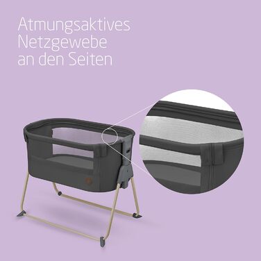 Maxi-Cosi Tori 2-in-1 Bedside Crib, Crib, 0 to approximately 6 months, 0–9 kg, compactly foldable, lightweight, 5 height levels, portable bedside crib with breathable mesh fabric, Beyond Graphite