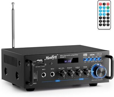 Стерео Bluetooth караоке підсилювач Moukey 2.0 каналів, 100Вт, Hi-Fi, RCA, USB, SD, 2 мікрофонні входи, FM-радіо для авто та дому