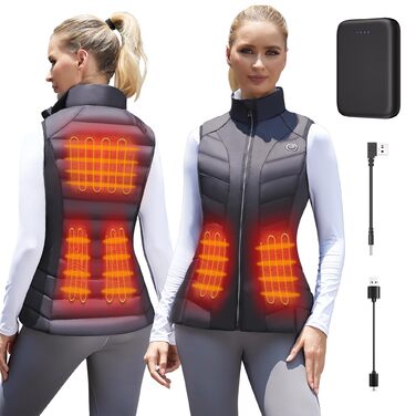 Тепла жилетка Vofuoti для жінок з акумулятором 10000 mAh, чорна, XS. 5 зон нагріву, ідеальний подарунок на Різдво.
