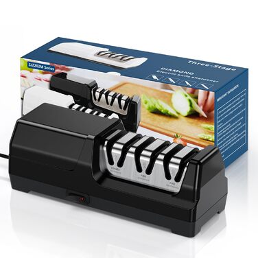 Електричний точило для ножів професійний 3-ступеневий з захистом від перегріву, тихий мотор, швидкий для кухонних ножів (чорний)