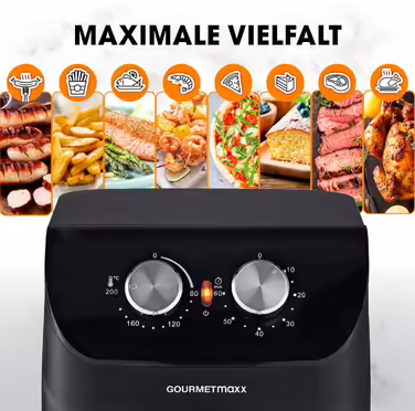 Аерофритюрниця GOURMETmaxx 4 л, 1400 Вт, таймер, нержавіюча сталь, матова чорна, енергозберігаюча, майже без олії