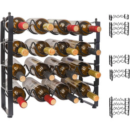 4-Tier Stackable Wine Rack, 3-in-1 Bottle Rack for 16 Bottles, Can Be Used Separately or Stacked Metal Wine Bottle Rack, Freestanding Wine Storage Rack for Cabinet Pantry (Black)