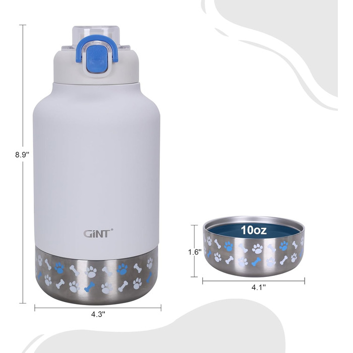 GiNT Ізольована пляшка для води з нержавіючої сталі для собак та людей, багатофункціональний дорожній диспенсер з знімними мисками та сумкою, водонепроникна годівниця для тварин для прогулянок, походів, кемпінгу, авто, білий/розкішний сад