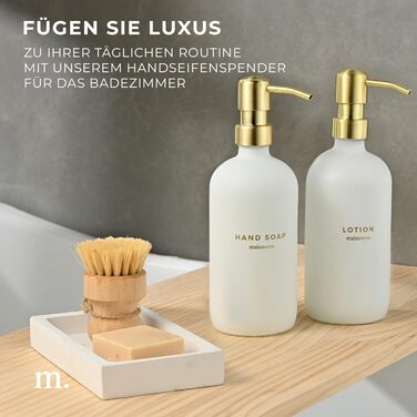 MaisoNovo Soap Dispenser Set - Soap Dispenser Kitchen - 500 ml Amber Bottles, Black Pumps, Glass Pumps, Soap Dispenser Set, 2-Piece Set and Concrete Tray - Dish Soap Dispenser Kitchen (White Glass / Gold Pump + Rectangular Tray)