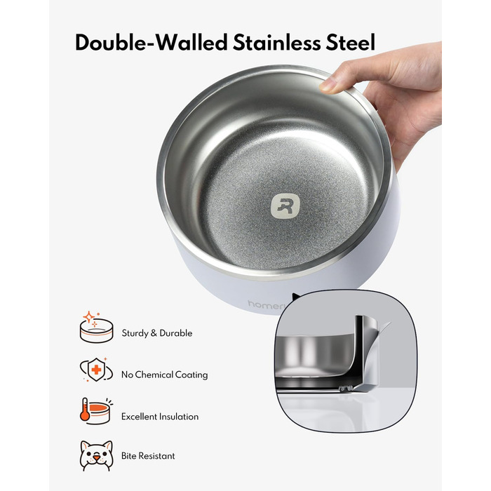 Миска для собак HomeRunPet з нержавіючої сталі з гумовим дном, подвійна ізольована миска для їжі, довговічна, придатна для миття в посудомийній машині, для малих, середніх та великих собак (сталево-блакитний, 1л)
