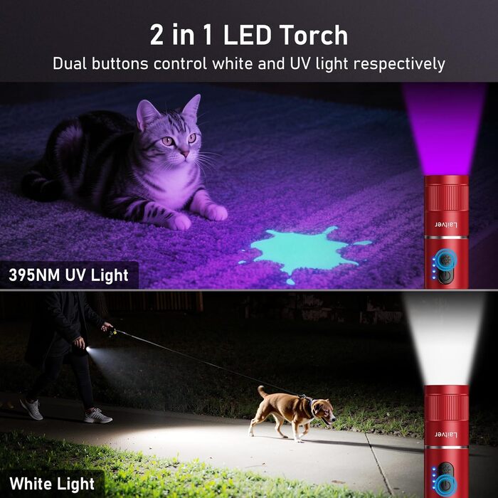 LED ліхтар UV 2-в-1, Laitver 2000L, суперяскравий, 395nm, 6 режимів, збільшення, тривалий час роботи, водостійкий, для освітлення та виявлення сечі тварин (червоний)