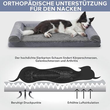 FURTIME Orthopedic Dog Bed for Large Dogs - Ergonomic Dog Cushion - 89x64 cm Dog Sofa Washable Dog Cushion (L - L 89 x W 64 x H 17 cm, Grey)