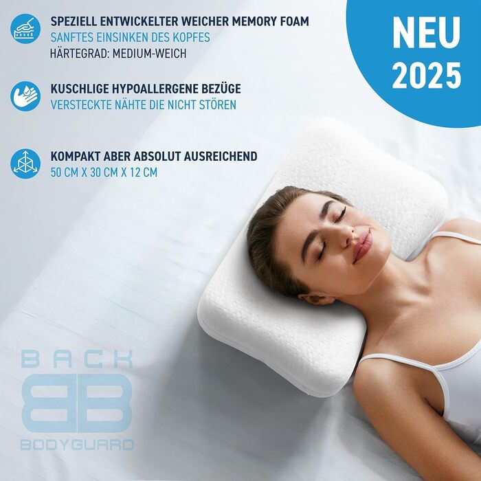 BACK BODYGUARD - The Softer Neck Pillow, Ergonomic Head Pillow with 2 Covers, Orthopedic Pillow - Firmness level: medium - soft (50 X 30 X 12 cm)