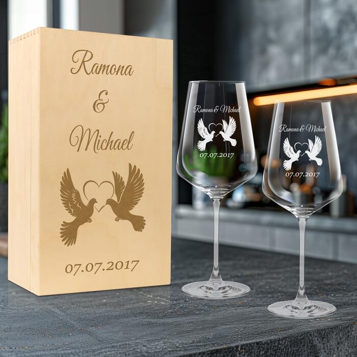 Leonardo Wine Glasses Set of 2 with Wooden Box and Engraving for Him & Her with Love Doves. Only love counts. Personalized with name & date. Leonardo Puccini 560ml