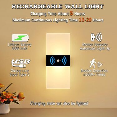 LED-лампа на батарейках VOMI з датчиком руху для дому, акрил, USB-зарядка, 4000mAh, для коридору та сходищ, 2 штуки, тепле світло (сенсор 3000k)
