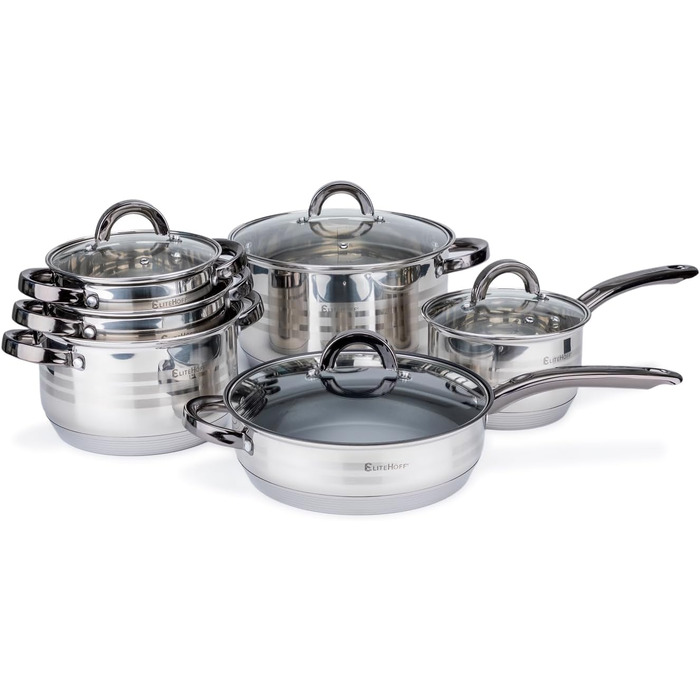 Набір посуду EliteHoff Induktion: 12-ти частинний набір каструль та сковорідок з нержавіючої сталі з кришками та чорними ручками, для всіх типів плит