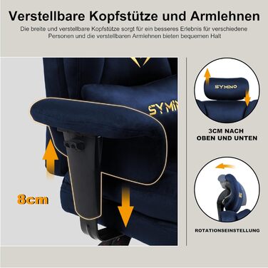 Ігровий крісло Symino, ергономічний офісний крісло з підніжкою, штучна замша, 130 кг, темно-синій