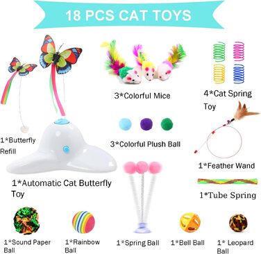 18 PCS Interactive Automatic Butterfly Cat Toy with Kitten Play Balls for House Cats Adults - 18 Pack Gift