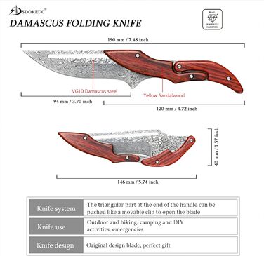 VG10 Damascus Steel Pocket Knife Folding Knife for Men EDC Camping Outdoor (Scandi Grind) (SD604C)