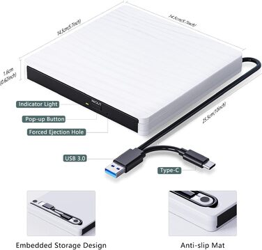 Зовнішній DVD-привід USB 3.0 та Type-C, портативний CD/DVD+/-RW записувач для ноутбука, ПК, MacBook, Windows, MacOS, Linux (Білий)
