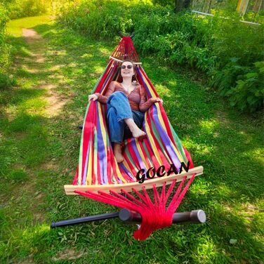Гамак GOCAN подвійний 220x150 см, червоний, бавовна, з розпірками, для саду, балкону, дітей, до 300 кг