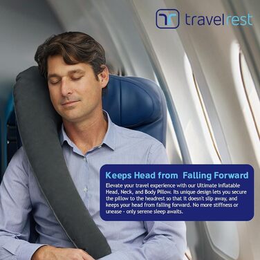 Travelrest Ultimate Travel Pillow for Neck and Body, Airplane and Car Seats, Inflatable, Space-Saving, for Sleeping on Long Flights, Naps on Road Trips, for Car and Bus Travel, Gray