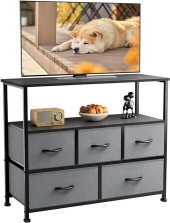 DUMOS Chest of Drawers with Drawers - Chests of Drawers & Sideboards for Bedrooms. Suitable, Chest of Drawers with 9 Drawers, Fabric Chest of Drawers with Sturdy Steel Frame, Ideal for Bedrooms, Living Rooms (Black) (5 TV Drawers Gray)