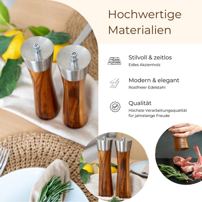 Набір млинів для солі та перцю BERLIN KITCHEN, акація та нержавійка, керамічний механізм, подарунковий набір, регульований помел