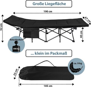Кемпінгове ліжко Alpidex: розкладне, з кишенею, для відпочинку та гостей, чорне