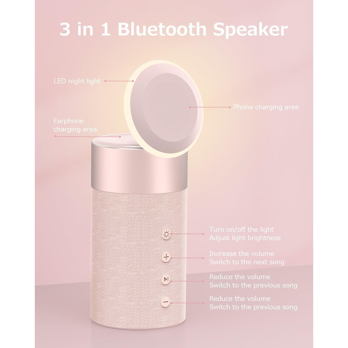 Bluetooth колонка COLSUR з магнітним бездротовим зарядним пристроєм та нічником, рожева (PINK) для iPhone 17/16/15/14/13/12, AirPods Pro/4/3/2