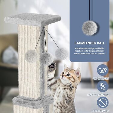 Zonema Kratzbaum-Kratzstamm Scratching Post with 80 cm Scratching Column for Small and Large Cats, Sisal Rope Cat Scratching Post with 1 Interactive Ball, Scratching Post Cat Furniture, for Indoor Activity, Play (79cm Scratching Post, Grey)