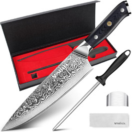 MOSFiATA Damascus Steel Chef's Knife - 8 Inch Japanese Kitchen Knife with Finger Guard & Sharpener - Professional Meat Cleaver for Chefs, Gift Idea