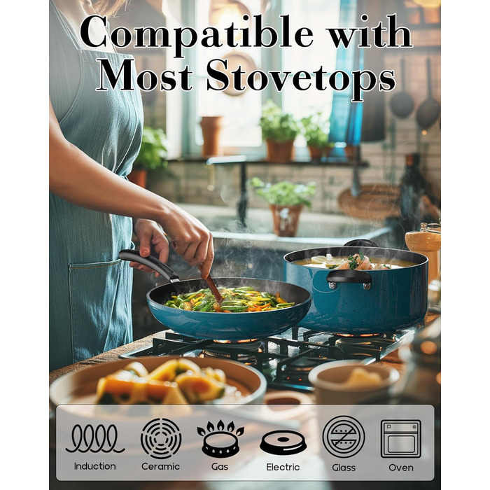 Набір антипригарних сковорідок Cook N Home, 3 шт, 20/25/28 см, для індукційних плит, мармурове покриття, червоно-бірюзові