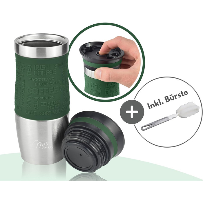 Термокружка Milu для кави з собою 370 мл, 450 мл, з подвійними стінками, з нержавіючої сталі, 100% захист від протікання, для автомобіля, travel mug (оливковий, 370 мл)