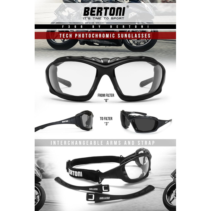 Мотоокуляри Bertoni 366 з фотохромними поляризованими лінзами, змінні дужки або ремінець, для водіїв у окулярах з діоптріями, захист від вітру