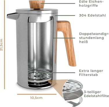 WALDWERK French Press (1L) - Coffee Maker made of double-walled stainless steel with an oak wood handle - plastic-free French Press 1L