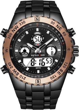 Чоловічий військовий годинник: цифрові та аналогові функції, водонепроникність, дата, будильник, світіння, секундомір. Великий годинник для чоловіків (Rose Gold B)