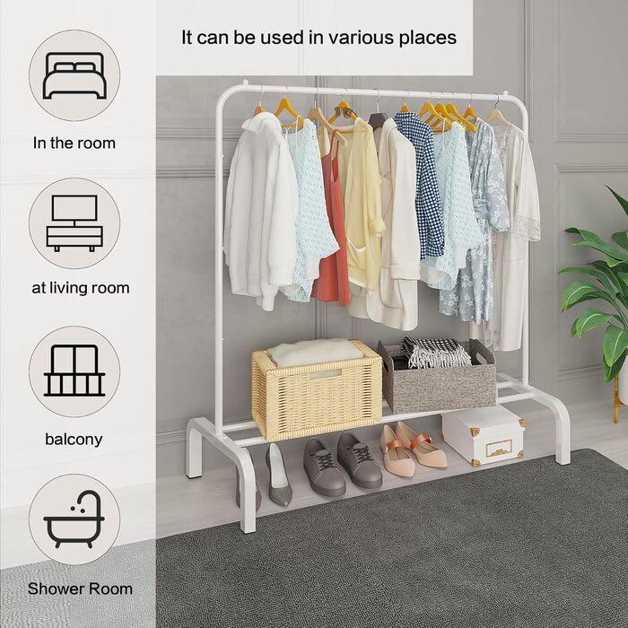 JIUYOTREE Clothes Rack, Coat Rack, Metal Clothes Rod, Durable Clothes Rod with Bottom Frame for Coats, Skirts, Shirts, Sweaters, White