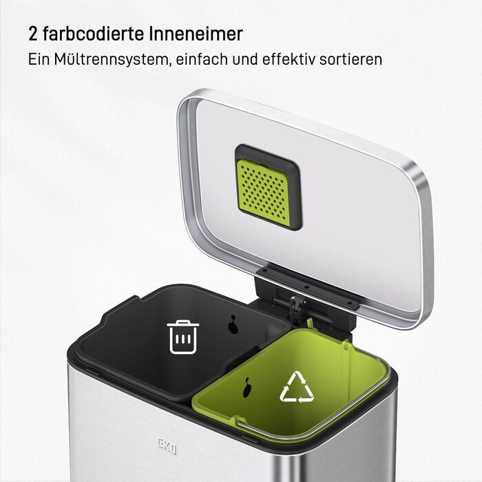 Відро для сміття EKO Madison 30L з висувним контейнером, м'яким закриттям кришки, стійке до відбитків пальців, нержавіюча сталь, прямокутне, з 20 мішками для сміття (25L+20L)