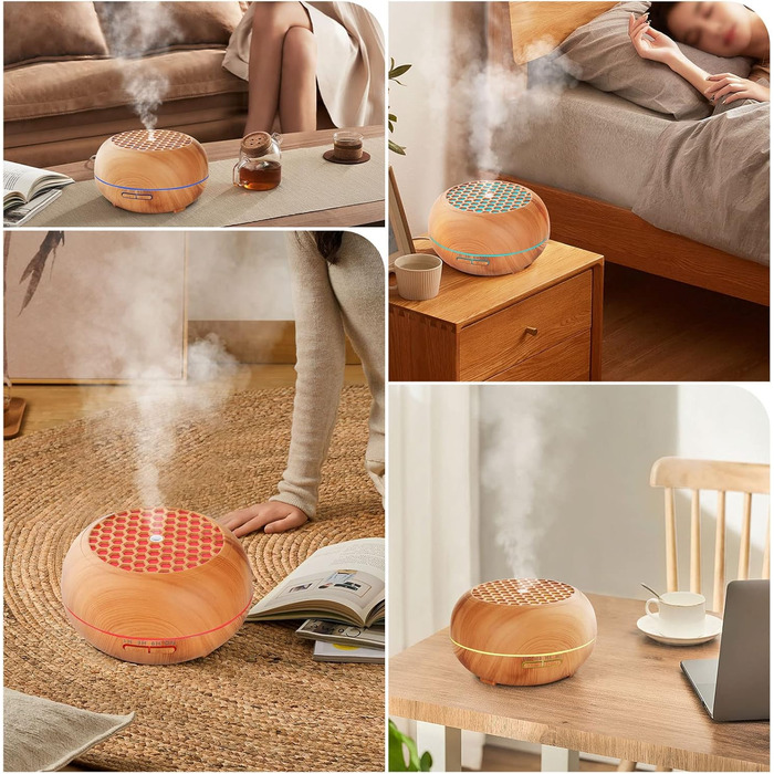 Дифузор Aroma Simpeak 550мл, ультразвуковий аромадифузор з дерева для ефірних олій, зволожувач повітря з пультом дистанційного керування, світло-коричневий