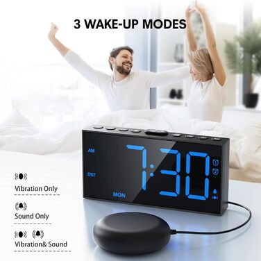 Loud Vibration Alarm Clock for Deep Sleepers, Dual Alarm with Weekend Mode, Large Digital Display, Dimmer, Battery Backup, USB Charger, Vibration Alarm Clock for Deaf/Hard of Hearing Digital Clock