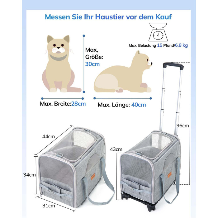 Транспортна переноска для котів та цуценят Morpilot до 5 кг з роликами та trolley, сіра