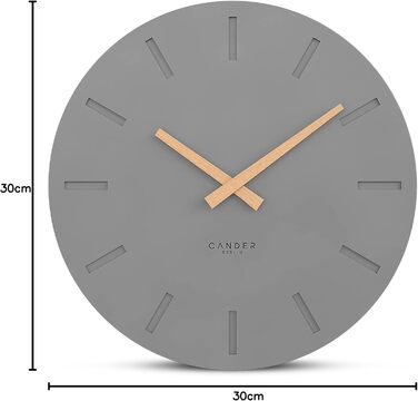 Cander Berlin MNU 2530 G Wall Clock MDF Silent, No Ticking Sound, 30 cm Analog, Living Room, Modern, Vintage, Grey, Anthracite, Wooden Hands