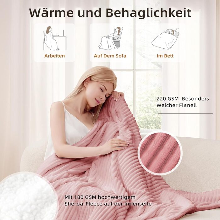 Електрична ковдра з підігрівом 130x180 см з таймером та захистом від перегріву, 9 рівнів нагріву, функція пам'яті, для ліжка, офісу (Рожеста смугаста)