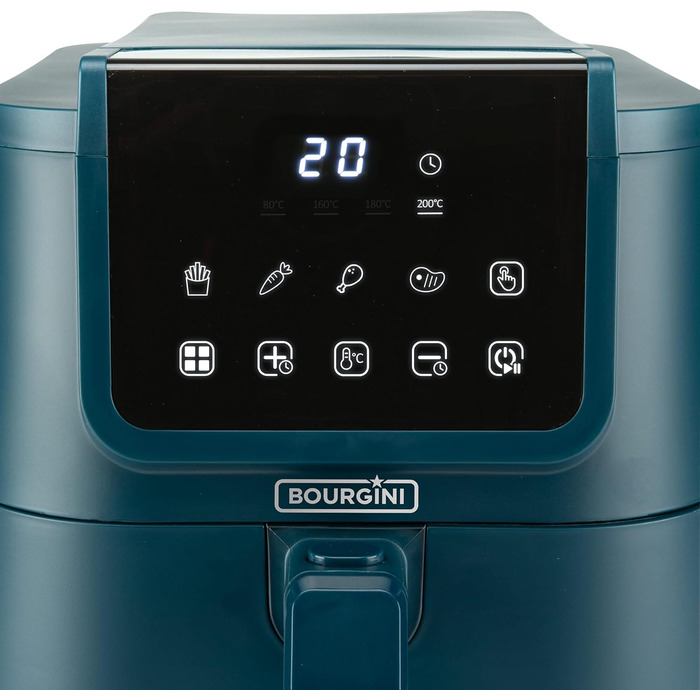 Фритюрниця повітряна BOURGINI з керамічним покриттям, 8 л, блакитна. Безпечна для здоров'я, не містить шкідливих речовин (PFAS, C6, PFHxA, PTFE, PFOA та BPA). Компактний формат.