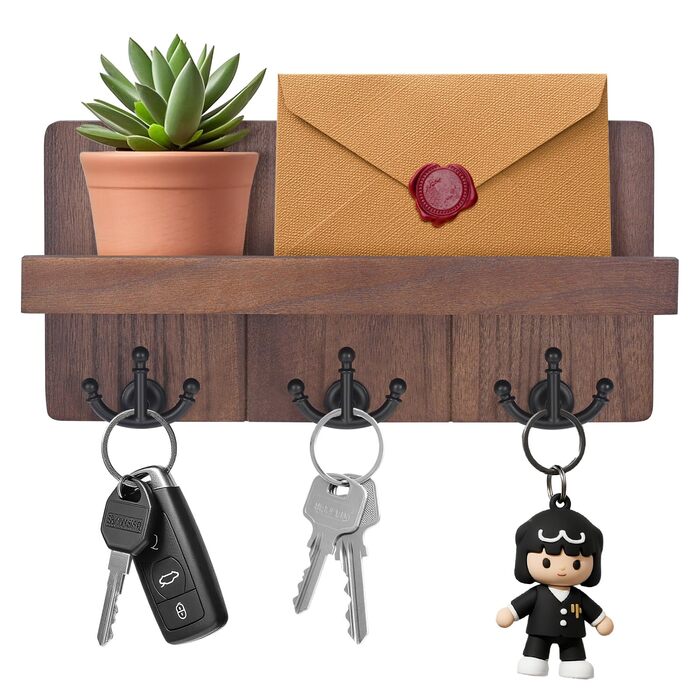 Дерев'яне ключниця з полицею та 6 гачками, ключниця на стіну для прихожей, коридору, кухні (Колір: Коричневий)