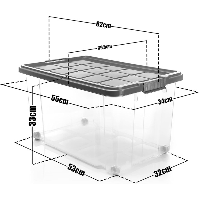 BigDean 4-Piece 60L Storage Box with Lid, Large Steel Grey - Stackable, Robust Box, BPA-Free - Rollable Storage Box with Secure Click Closures - Made in Germany