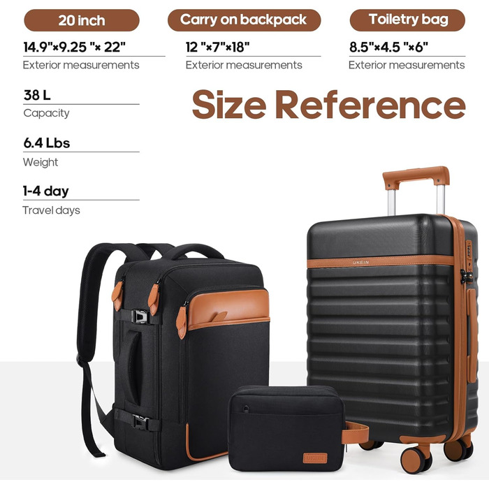 Набір валіз UKEIN 3 шт. з жорстким корпусом, для подорожей, з TSA замком, з ручним багажем, з рюкзаком та косметичкою, чорний