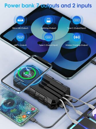 Портативний акумулятор 52800mAh з сонячною панеллю, 30W, з LED-ліхтариком та 7 виходами, чорний