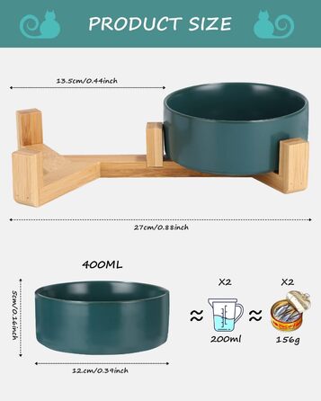 Миска для корму для собак та котів з кераміки з бамбуковим підставкою та антиковзним килимком (400 мл, 2 шт. - зелений)