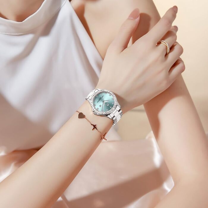 Годинник жіночий OLEVS з діамантами, елегантний, люкс, на зап'ястя, кварцовий, рожеве золото, скло керамічне (3651 Silver Blau)